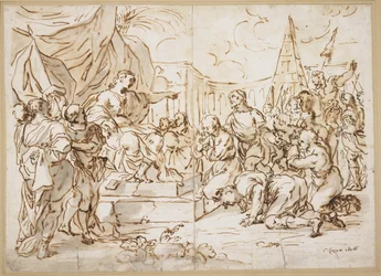 José e seus irmãos, Gênesis 41 (caneta, tinta marrom e cinza azul, sobre giz preto sobre papel)