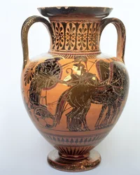 Ânfora de figura negra representando uma quadriga, 515-490 aC (cerâmica)