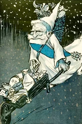 O Natal para crianças grandes - Presidente francês Emile Loubet vestido de Papai Noel com um carrinho de mão de presentes para os adultos. 1905. (lito)