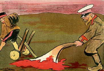 O Arado da Civilização - Soldados russos a lavrar os campos de batalha ensanguentados. 1904 (litho)