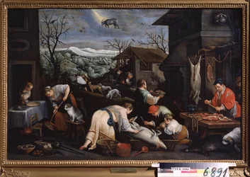 "O mês de Dezembro" (Dezembro) Os porcos são abatidos. Símbolo do signo de Capricórnio no céu. Pintura de Leandro Bassano da Ponte (1557-1622) 1595-1600 Museu Estatal de Arte Tula Rússia