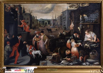 ""Le mois de fevrier"" (Fevereiro) Cena de passeio na época do Carnaval. Símbolo do signo de Peixes no céu. Pintura de Leandro Bassano da Ponte (1557-1622) 1595-1600 Dim. 144x190 cm Museu Estatal de Arte Tula Rússia