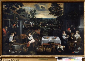 ""O mês de julho"" (julho) Trabalho na fazenda, o dono da propriedade prova os frutos do pomar, os camponeses trabalham nos campos (debulhando o trigo com um mangual). Símbolo de sinal de leão no céu. Pintura de Leandro Bassano da Pont