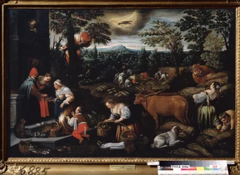 "" O mês de junho "" (junho) O trabalho da fazenda, colheita de cerejas e colheita de trigo. Símbolo do signo de câncer no céu. Pintura de Leandro Bassano da Ponte (1557-1622) 1595-1600 Museu Estatal de Arte Tula Rússia