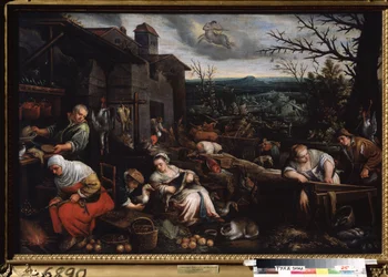 ""O mês de novembro"" (Novembro) Uma mulher assa castanhas, outra prepara os gansos. Símbolo do signo de sagitário no céu. Pintura de Leandro Bassano da Ponte (1557-1622) 1595-1600 Museu Estatal de Arte Tula Rússia
