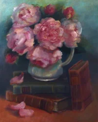 Peonies and Books, 2020 (óleo sobre tela)