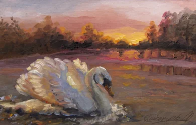 Cisne ao nascer do sol de 2016 (óleo sobre papel)