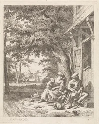 Família com cachorro, sentado em frente a uma casa Paisagens com figuras (título da série)