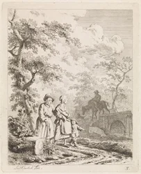 Velho, mulher e criança em um caminho de floresta Paisagens com figuras (título da série)