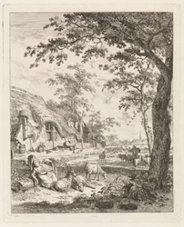 Pastora com ovelhas na frente de uma fazenda Paisagens com figuras (título da série)