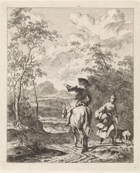 Cavaleiro a pedir instruções a uma rapariga com cão
Paisagens com figuras (título da série)