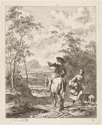 Cavaleiro a pedir instruções a uma rapariga com cão
Paisagens com figuras (título da série)