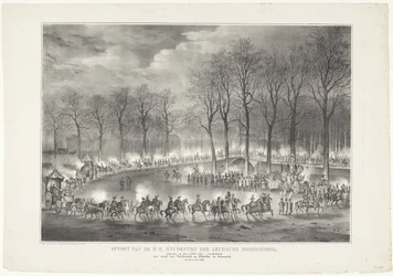 Desfile do H. H. Alunos da Leydsche Hoogeschool realizada em 9 de fevereiro de 1835, retratando a entrada de Ferdinand e Jsabella em Granada no dia 6 de janeiro. 1492 (título no objeto)