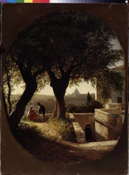 Perto de Roma (Itália). Uma mulher sentada debaixo de algumas árvores com um bebé nos braços está a ouvir um homem a usar um chapéu e uma capa. Outro homem está a aproximar-se das escadas. Pintura de Lev Felixovich Lagorio (1827-1905),