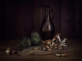 Natureza-morta com alcachofras e cogumelos