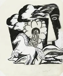 Criação de cavalo, flor e cabeça (esboço)