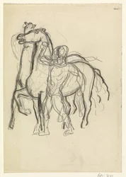 O homem prende dois cavalos
