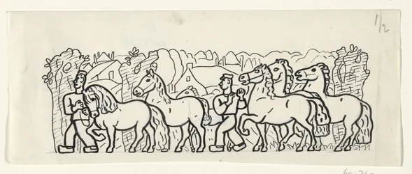 Dois fazendeiros conduzem seus cavalos por uma vila