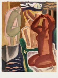 Duas mulheres a banhar-se e uma figura numa ponte  - Leo Gestel 60 x 80 cm, com borda branca