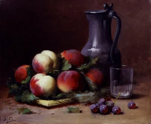 Natureza-morta de fruta com maçãs e uvas. Pintura de Leon-Charles (Leon Charles) Huber (1858-1928) Coleção particular.