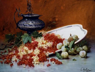 Natureza-morta de groselhas vermelhas e brancas e greengage. Pintura de Leon-Charles (Leon Charles) Huber (1858-1928) Coleção particular.
