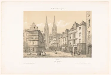 Vista da Rue Kéréon e da catedral em Quimper
Quimper. Vue de la rue Kerion (título sobre o objecto)
França Contemporânea (título da série)
La France de nos jours (título da série sobre o objecto)