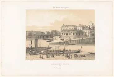 Vista do salão de pesca em Nantes do cais La poissonnerie à Nantes (título no objeto) França contemporânea (título da série) La France de nos jours (título da série no objeto)