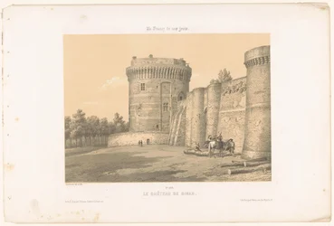 Vista de uma das torres de Dinan Castelo Le château de Dinan (título no objeto) França contemporânea (título da série) La France de nos jours (título da série no objeto)