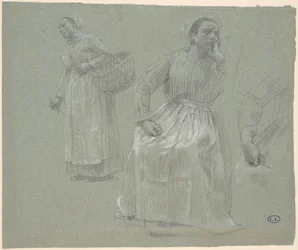 Estudo de duas mulheres, uma sentada e outra segurando uma cesta