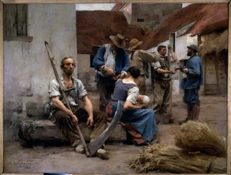O pagamento dos ceifeiros camponeses num terreiro de quinta, um deles segura uma foice. Pintura de Léon Augustin Lhermitte (1844-1925), 1882. Sol. 2,15 x 2,72 m. Paris, Musée d