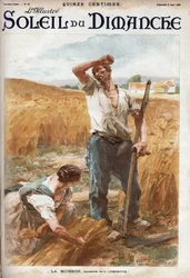 a colheita. Camponeses a cortar o trigo num campo. (baseado na aguarela de L. Lhermitte) Gravação em "Le sun-du-dimanche", 6 de agosto