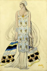 Desenho de figurino para Ida Rubinstein no drama Phaedra (Phedre) de Jean Racine - Bakst, Leon (1866-1924) - 1923 - Gouache e tinta sobre papel - 48x32 - Coleção Particular
