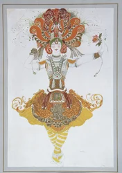 Figurino de Tamara Karsavina no balé O Firebird Loiseau de feu por I. Stravinsky, 1909-1910