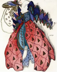 Desenho de figurino para o Ballet "La Legende de Joseph" de R. Strauss - Bakst, Leon (1866-1924) - 1914 - Aquarela, Gouache sobre Papel - 33x28 - Coleção Particular