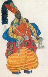 Traje do chefe eunuco, para o Ballet "Sheherezade" de Rimski-Korsakov (aguarela, lápis e ouro sobre papel)