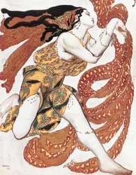 Esboço do figurino de uma Bacante, do bailado "Narciso", poema mitológico com música de N (aguarela, guache, lápis, ouro, prata sobre papel)