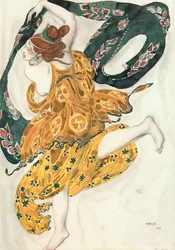 Esboço do figurino de uma mulher Beócia, do bailado "Narciso", poema mitológico com música de N (aguarela, guache, lápis, ouro, prata sobre papel)