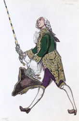 Esboço do figurino de um homem do bailado "Donne di buon umore", música de Scarlatti; executado (aguarela sobre papel)