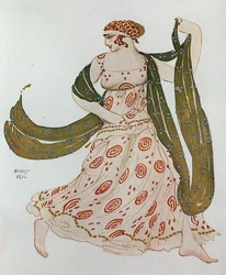 Esboço do traje para a dança grega de "Cleópatra" de Alexander Arensky (aguarela e lápis sobre papel)