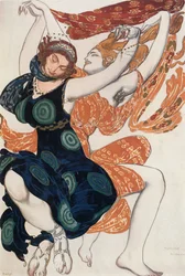Esboço de figurino para duas mulheres Beócios, do bailado "Narciso", poema mitológico com música de N (aguarela, guache, lápis, ouro, prata sobre papel)