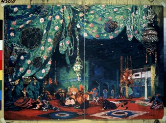 Definido para o balé ""Sheherazade"" de Nicolas (Nikolai) Rimski Korsakov (Rimski-Korsakov) (1844-1908) de Depois dos Contos das Mil e Uma Noites. (Cenografia para o balé Sheherazade de N.Rimsky Korsakov (Rimsky-Korsakov). Desenho de Leon Bakst (1866-1).