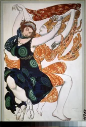 Duas beotiennes, desenho de fantasia para o ballet Narcisse de Nikolai Tcherepnin (1873-1945). Desenho de Leon Bakst (1866-1924). Aguarela, guache, ouro e prata sobre papel.