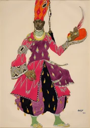 Eunuque "Eunuque" Traje para o Ballet Sheherazade (Scheharazade) de Nicolas (Nikolai) Rimski Korsakov (Rimski-Korsakov) 1922 (aquarela). Costume pour le ballet Sheherazade (Scheharazade) de Nicolas (Nikolai) Rimski Korsakov (Rimski-Korsakov) (1844-1908).