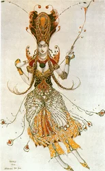 Pássaro de fogo, esboço de figurino para o ballet de Igor Stravinski (aguarela, lápis de cor e dourado sobre papel)
