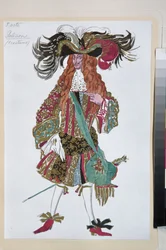 Galisson, figurino para o balé A Bela Adormecida de Piotr Tchaikovsky - Obra de Leon Bakst (1866-1924), litografia 1921 - (Galsson, figurino para o balé A Bela Adormecida de Tchaikovsky, de Leon Bakst, Litografia colorida