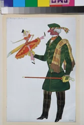 O inglês, desenho de figurino para o ballet "The Magic Toy Shop" de Gioachino Rossini - de Leon Bakst (1866-1924), litografia 1919 - (desenho de figurino para o ballet "The Magic Toy Shop" de Gioachino Rossini, de Leon Bakst , litografia a cores