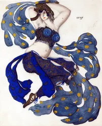 Odalisco. Desenho de figurino para o Ballet Sheherazade de N. Rimsky-Korsakov - Bakst, Leon (1866-1924) - 1910 - Aquarela, Gouache sobre Papel - 33x28 - Coleção Particular