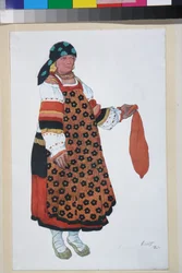 Mulher camponesa, desenho de figurino para o Vaudeville Old Moscow, no Theatre Femina em Paris