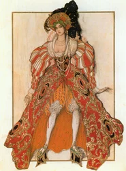 A mulher de Potiphar, esboço de figurino para o ballet e mimodrama de Richard Strauss "Josephslegende" (aguarela, lápis de cor e ouro sobre papel)