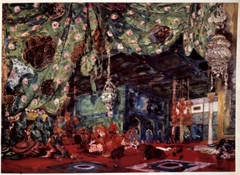 Cenografia de Leon Bakst (1866-1924), pintor e decorador russo para a ópera "Scheherazade" (Sheherazade) de Nicholas (Nikolai) Rimski Korsakov (Rimski-Korsakov) (1844-1908).